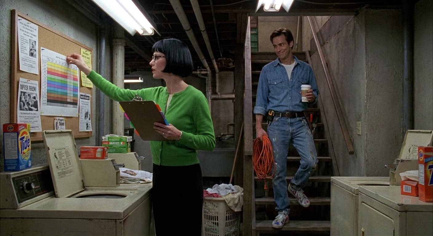 Mara pins the revised laundry chart to the basement corkboard while Nico arrives with an extension cord and coffee.