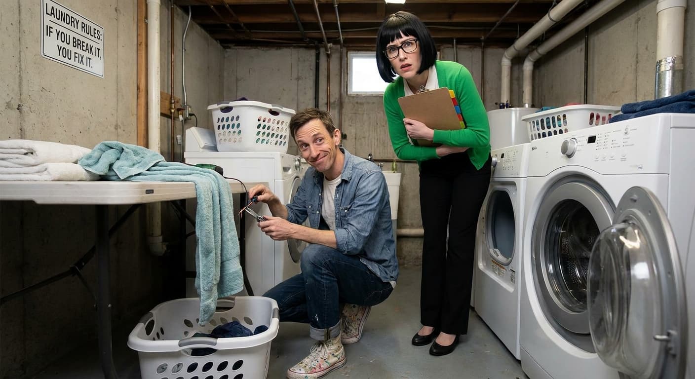 Nico repairs the stalled washer as Mara hovers beside him with the clipboard during the basement summit.